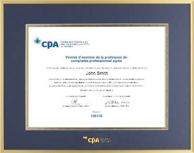 Satin gold metal horizontal CPA QC frame with double mat board